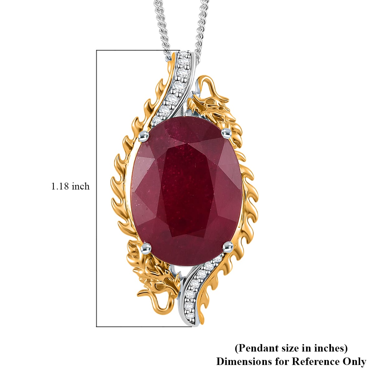 Niassa Ruby (FF) and Moissanite 14.80 ctw Double Dragon Pendant Necklace in 18K Vermeil YG and Rhodium Over Sterling Silver 18 Inches image number 5
