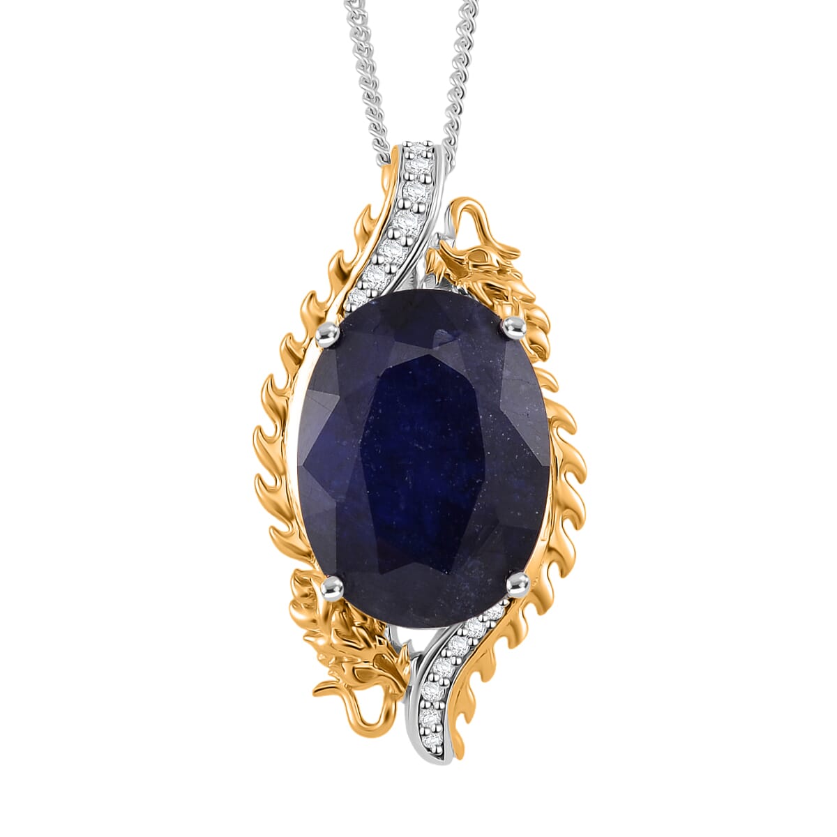 Masoala Sapphire (D) and Moissanite 14.50 ctw Double Dragon Pendant Necklace in 18K Vermeil YG and Rhodium Sterling Silver 18 Inches image number 0