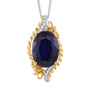 Masoala Sapphire (D) and Moissanite 14.50 ctw Dragon Pendant Necklace in 18K Vermeil YG and Rhodium Sterling Silver 18 Inches