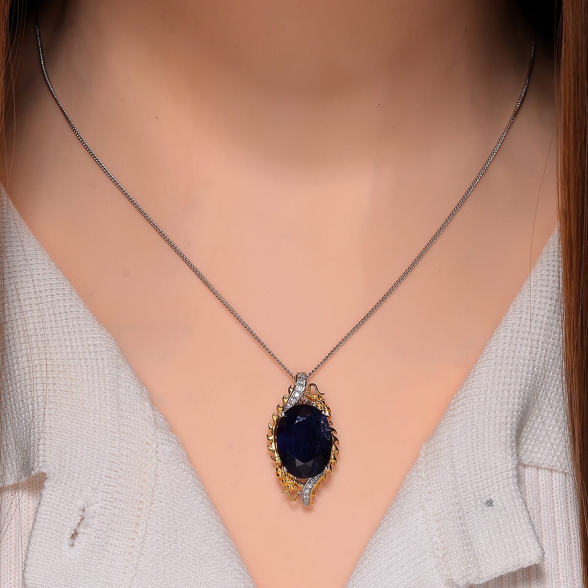 Masoala Sapphire (D) and Moissanite 14.50 ctw Double Dragon Pendant Necklace in 18K Vermeil YG and Rhodium Sterling Silver 18 Inches image number 1