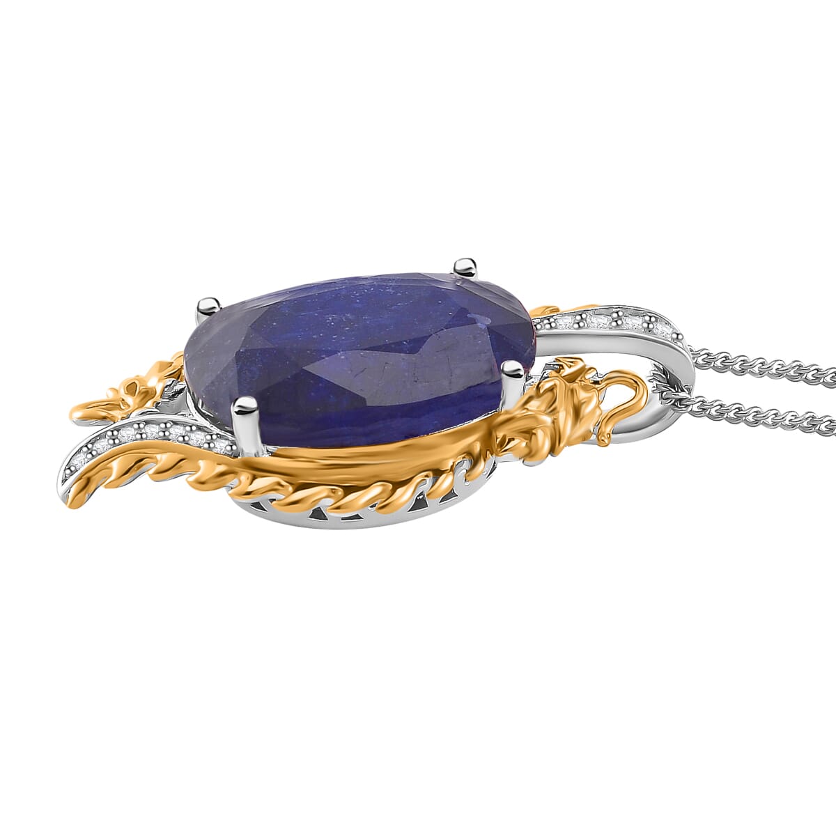 Masoala Sapphire (D) and Moissanite 14.50 ctw Double Dragon Pendant Necklace in 18K Vermeil YG and Rhodium Sterling Silver 18 Inches image number 2