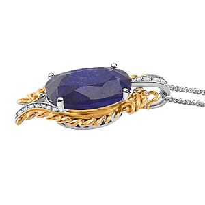 Masoala Sapphire (D) and Moissanite 14.50 ctw Double Dragon Pendant Necklace in 18K Vermeil YG and Rhodium Sterling Silver 18 Inches
