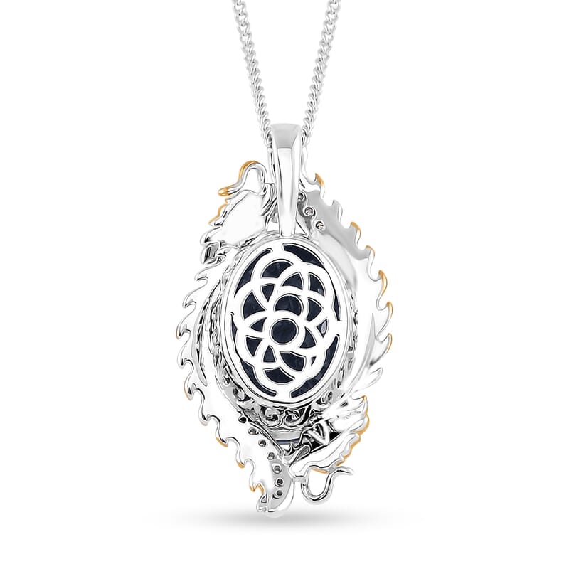 Masoala Sapphire (D) and Moissanite 14.50 ctw Double Dragon Pendant Necklace in 18K Vermeil YG and Rhodium Sterling Silver 18 Inches