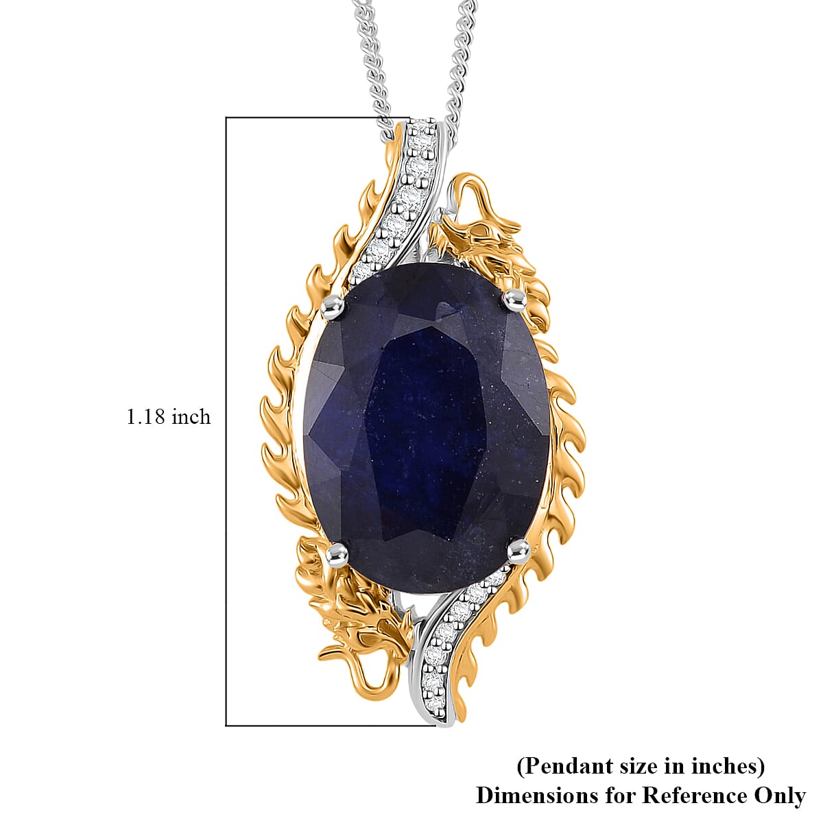 Masoala Sapphire (D) and Moissanite 14.50 ctw Double Dragon Pendant Necklace in 18K Vermeil YG and Rhodium Sterling Silver 18 Inches