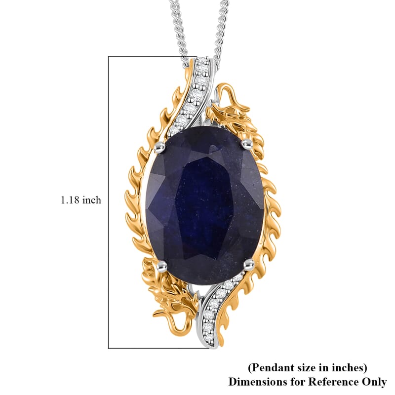 Masoala Sapphire (D) and Moissanite 14.50 ctw Double Dragon Pendant Necklace in 18K Vermeil YG and Rhodium Sterling Silver 18 Inches