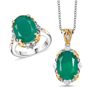 Karis Verde Onyx 11.00 ctw Filigree Ring (Size 10.0) and Pendant in 18K YG Plated and Platinum Bond with Stainless Steel Necklace 20 Inches