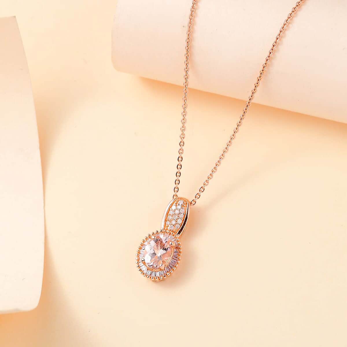 Premium Marropino Morganite, Natural Pink and White Diamond 1.00 ctw Rose of Elegance Pendant Necklace in 18K Vermeil Rose Gold Over Sterling Silver 20 Inches image number 1