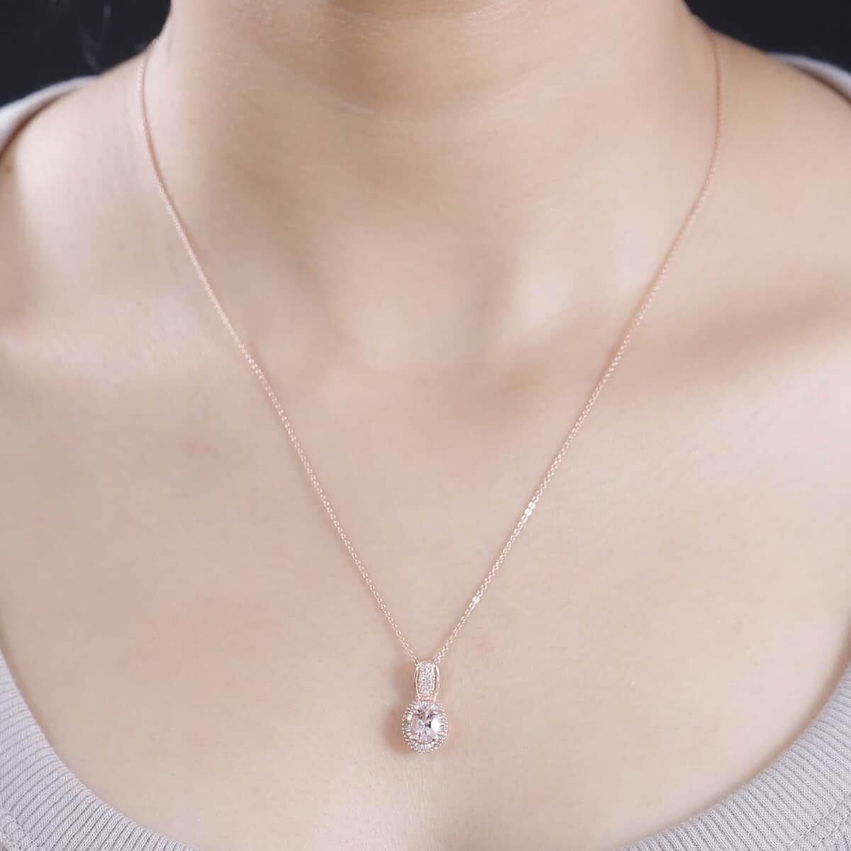 Premium Marropino Morganite, Natural Pink and White Diamond 1.00 ctw Rose of Elegance Pendant Necklace in 18K Vermeil Rose Gold Over Sterling Silver 20 Inches image number 2