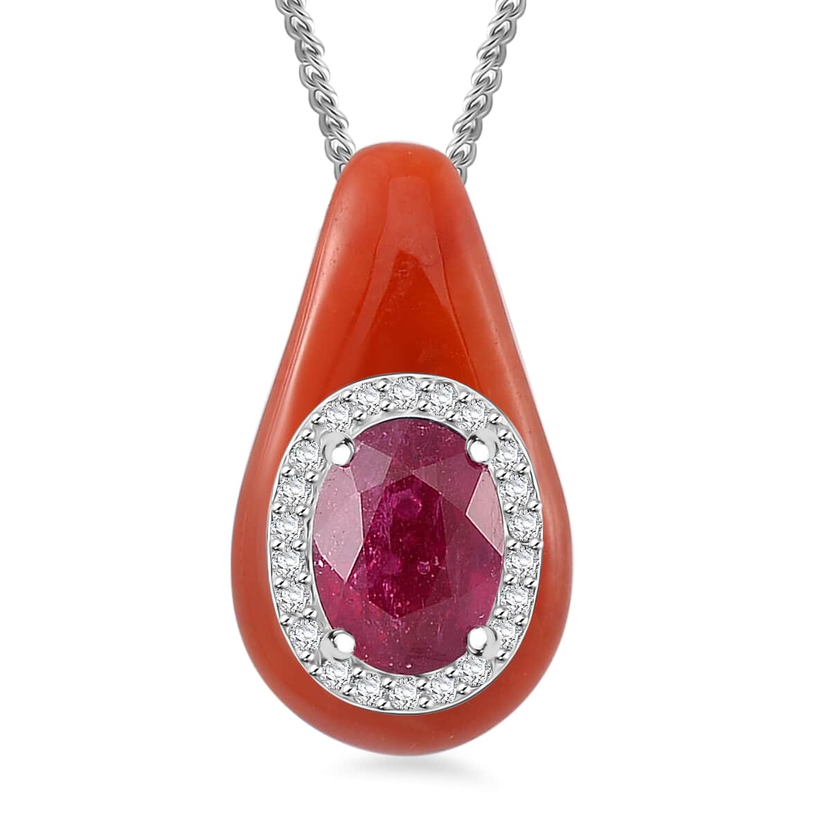 Niassa Ruby (FF), Red Jade (D) and White Zircon 7.50 ctw Pendant Necklace in Platinum Over and Rhodium Over Sterling Silver 18 Inches image number 0