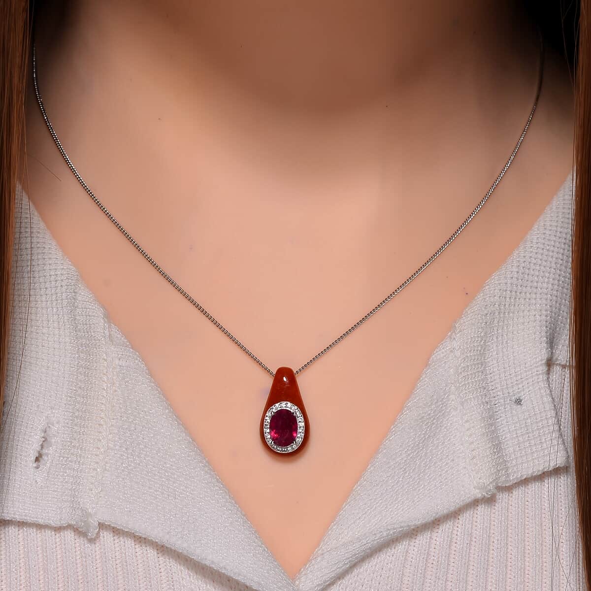 Niassa Ruby (FF), Red Jade (D) and White Zircon 7.50 ctw Pendant Necklace in Platinum Over and Rhodium Over Sterling Silver 18 Inches image number 1