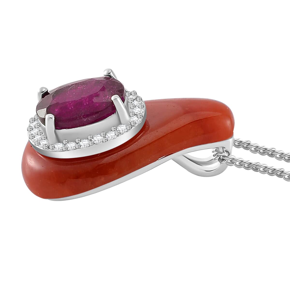 Niassa Ruby (FF), Red Jade (D) and White Zircon 7.50 ctw Pendant Necklace in Platinum Over and Rhodium Over Sterling Silver 18 Inches image number 2