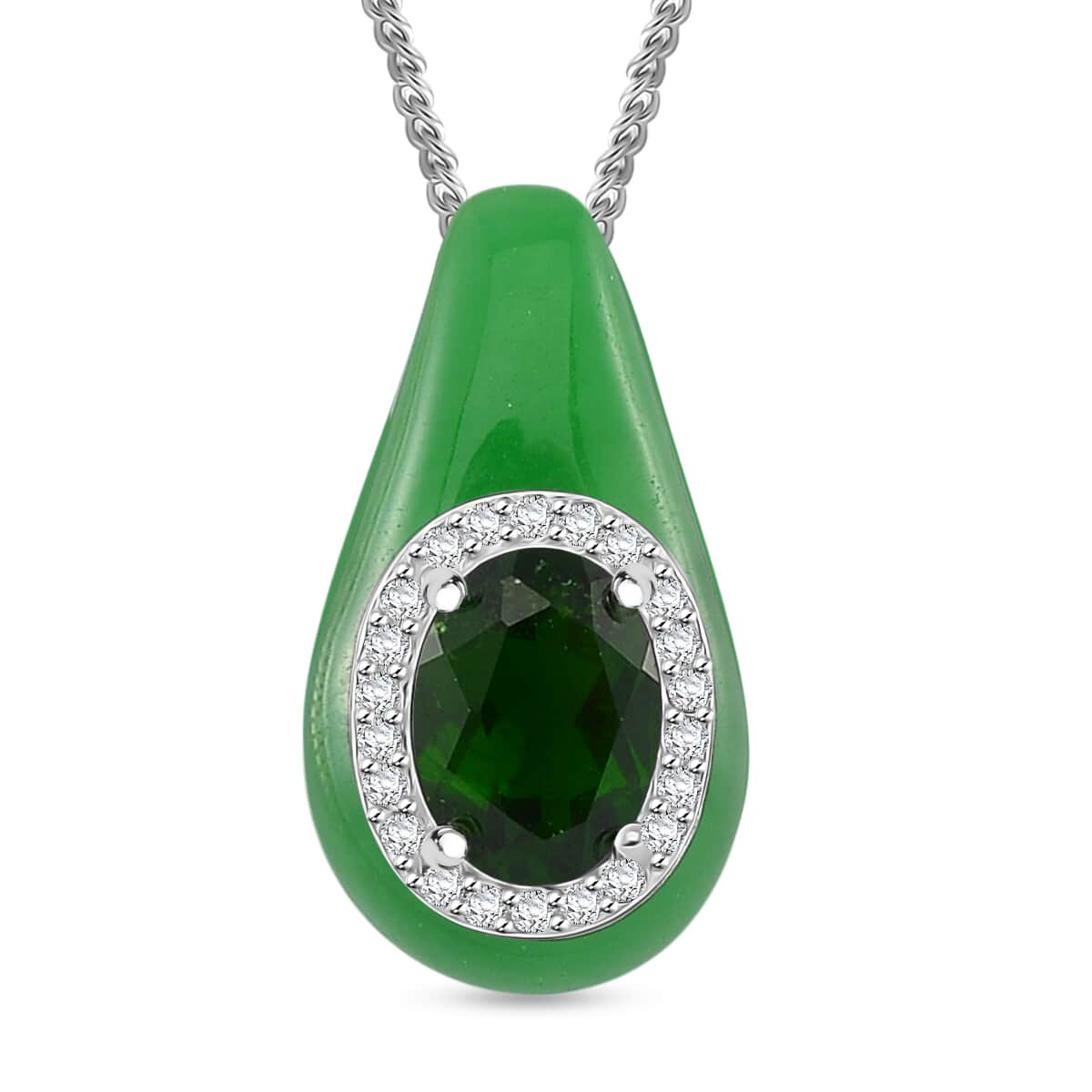 Green Jade (D), Chrome Diopside and White Zircon 6.80 ctw Eternal Harmony Pendant Necklace in Platinum Over and Rhodium Over Sterling Silver 18 Inches image number 0