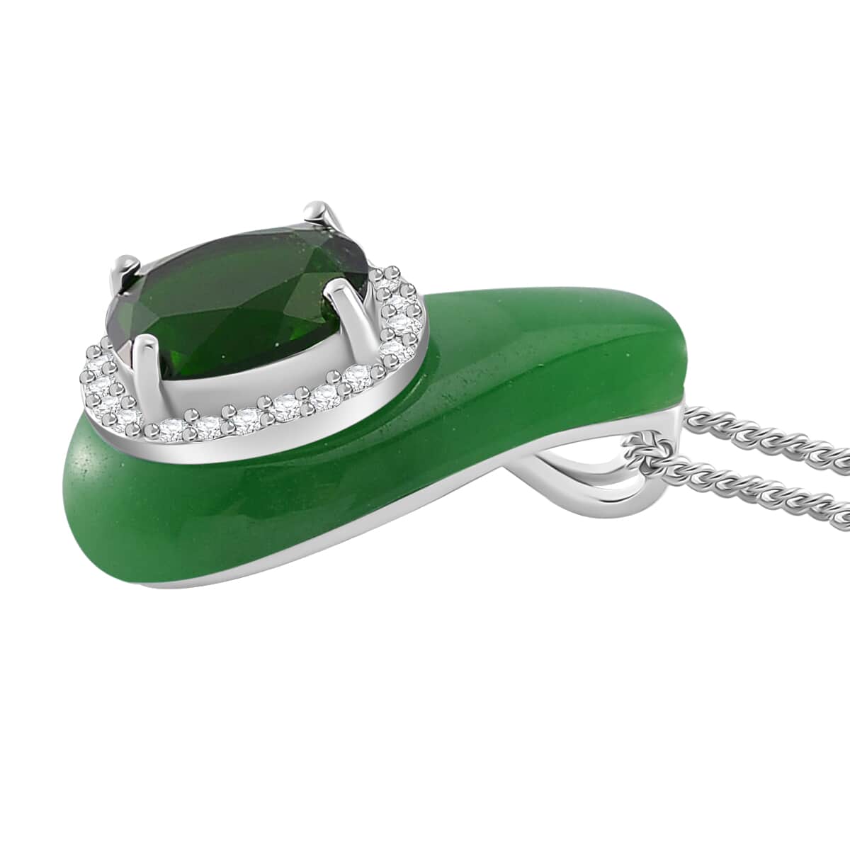 Green Jade (D), Chrome Diopside and White Zircon 6.80 ctw Eternal Harmony Pendant Necklace in Platinum Over and Rhodium Over Sterling Silver 18 Inches image number 2