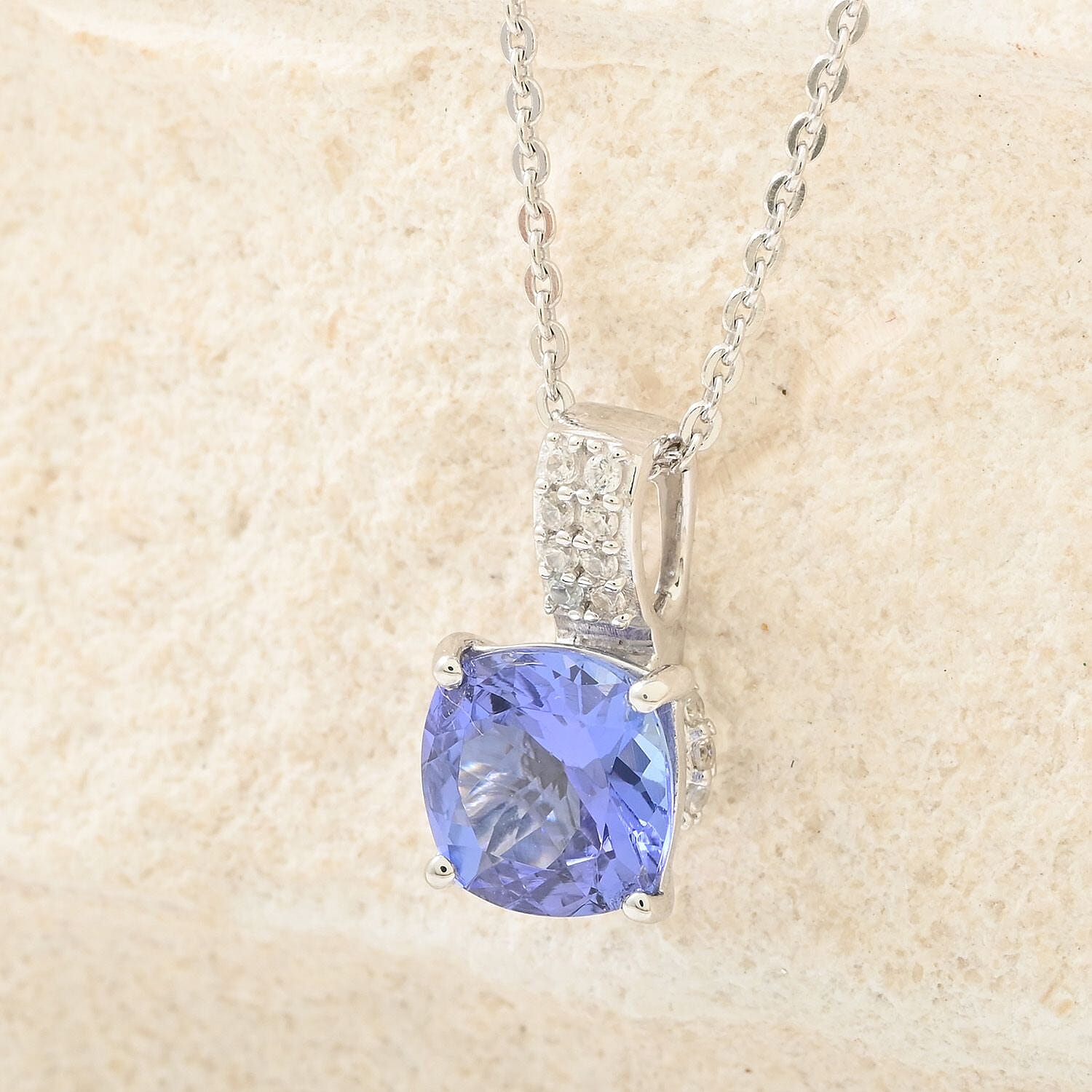 Tanzanite and White Zircon Bridal Pendant Necklace 18 Inches in Rhodium Over Sterling Silver 1.70 ctw
