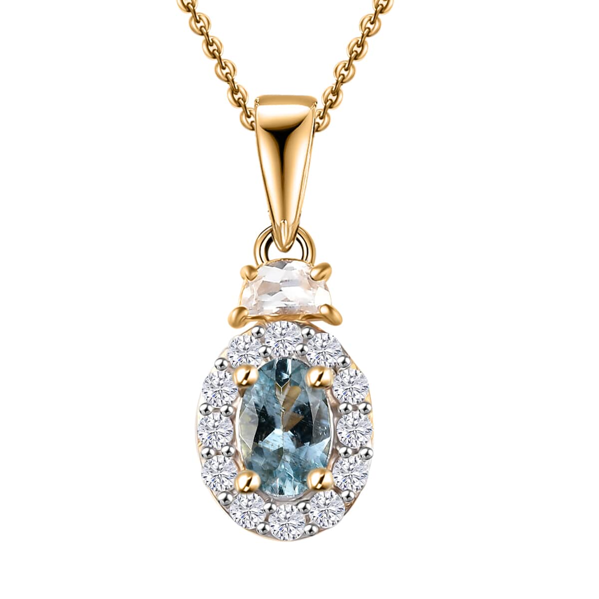 Santa Maria Aquamarine and White Zircon 0.90 ctw Half Moon Pendant Necklace in 18K Vermeil Yellow Gold Over Sterling Silver 20 Inches image number 0