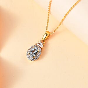 Santa Maria Aquamarine and White Zircon 0.90 ctw Half Moon Pendant Necklace in 18K Vermeil Yellow Gold Over Sterling Silver 20 Inches