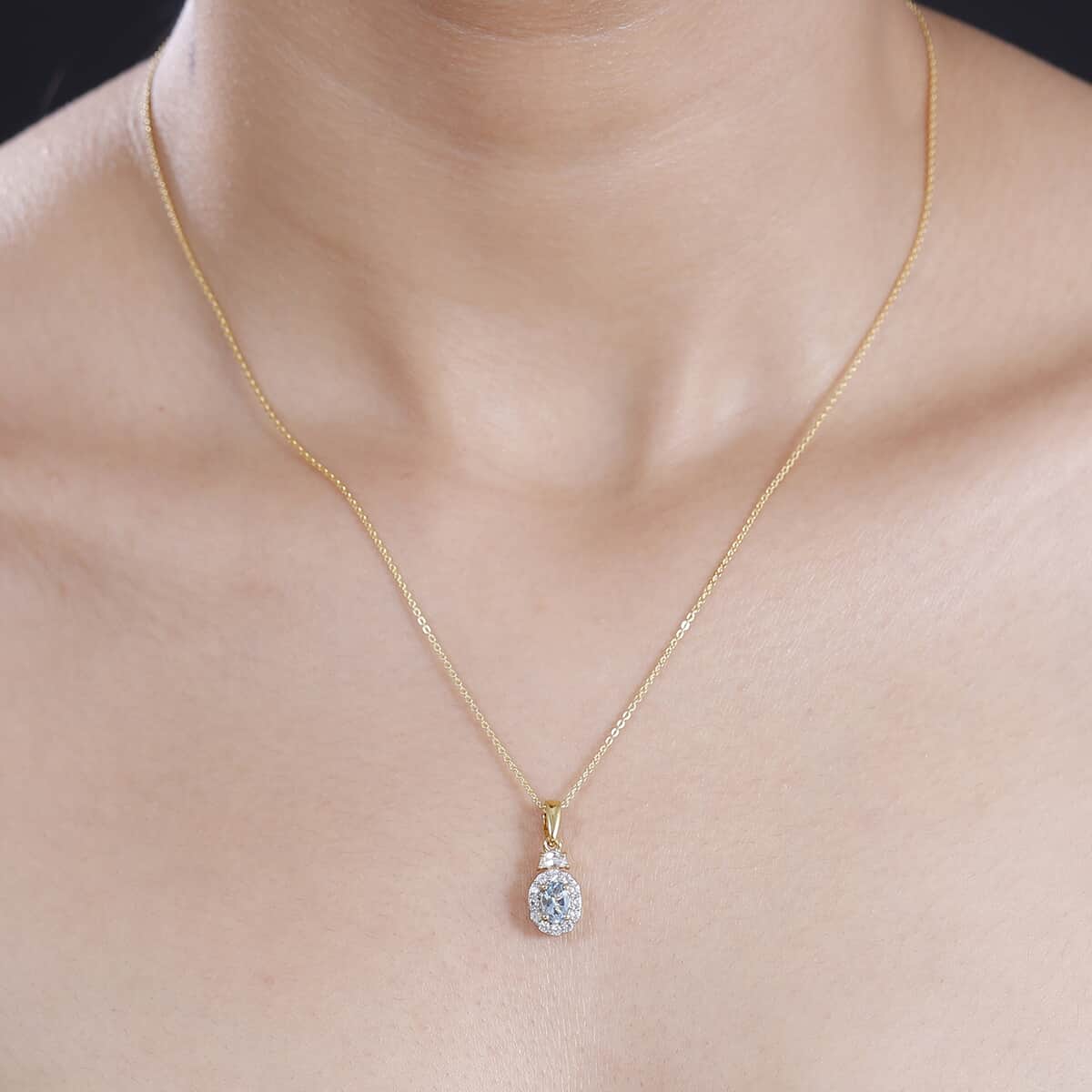 Santa Maria Aquamarine and White Zircon 0.90 ctw Half Moon Pendant Necklace in 18K Vermeil Yellow Gold Over Sterling Silver 20 Inches image number 2