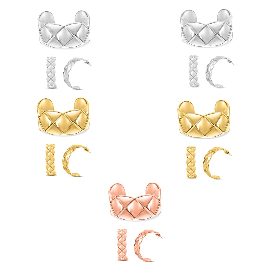 EverTrue Set of 5 Diamond-cut Cuff Bracelet (7.0 In) and Half Hoop Earrings in ION Plated YRG and Stainless Steel