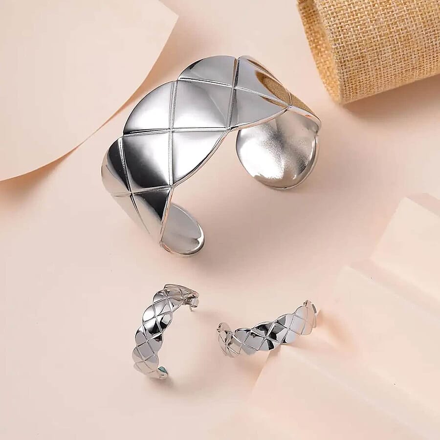 EverTrue Set of 5 Diamond-cut Cuff Bracelet (7.0 In) and Half Hoop Earrings in ION Plated YRG and Stainless Steel