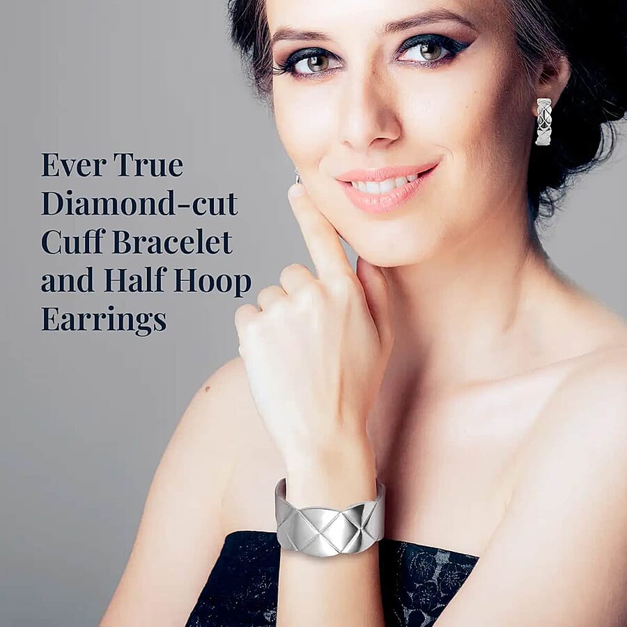 EverTrue Set of 5 Diamond-cut Cuff Bracelet (7.0 In) and Half Hoop Earrings in ION Plated YRG and Stainless Steel