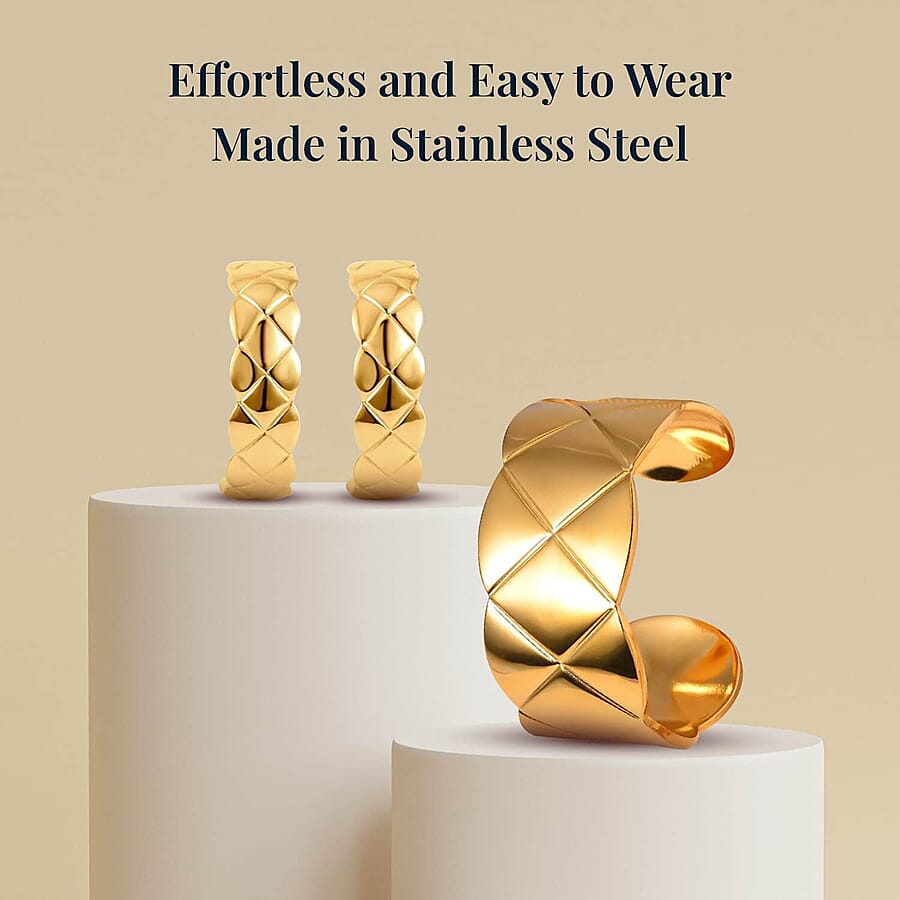 EverTrue Set of 5 Diamond-cut Cuff Bracelet (7.0 In) and Half Hoop Earrings in ION Plated YRG and Stainless Steel