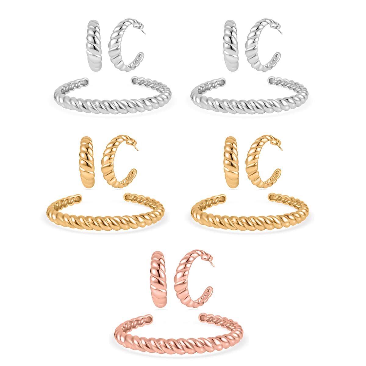 Ever True Set of 5 Twisted Cuff Bracelet (7.50 In) and Half Hoop Earrings in ION Plated YRG and Stainless Steel image number 0