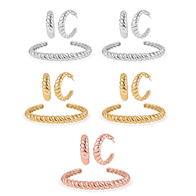 EverTrue Set of 5 Twisted Cuff Bracelet (7.50 In) and Half Hoop Earrings in ION Plated YRG and Stainless Steel
