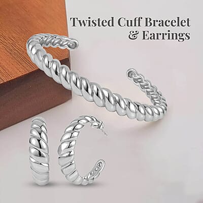 EverTrue Set of 5 Twisted Cuff Bracelet (7.50 In) and Half Hoop Earrings in ION Plated YRG and Stainless Steel