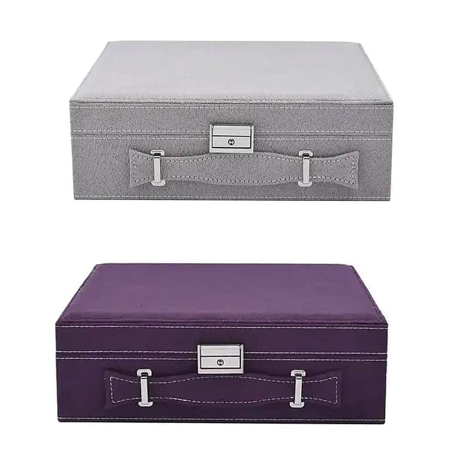 Set of 2 Purple and Gray Faux Velvet Briefcase Style 2-Tier Jewelry Box with Anti-Tarnish and Scratch Protection Interior (Approx 60 Rings, etc)