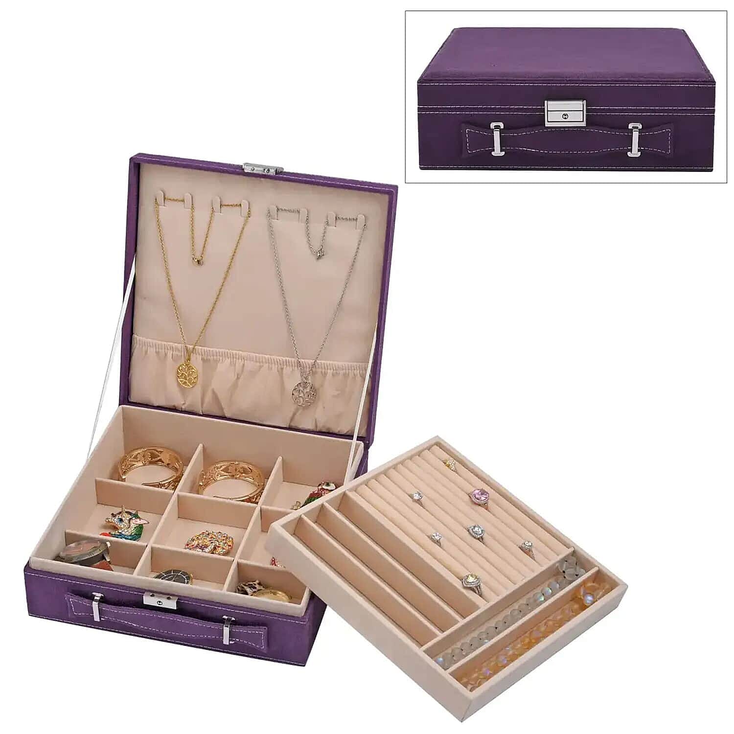 Set of 2 Purple and Gray Faux Velvet Briefcase Style 2-Tier Jewelry Box with Anti-Tarnish and Scratch Protection Interior (Approx 60 Rings, etc)