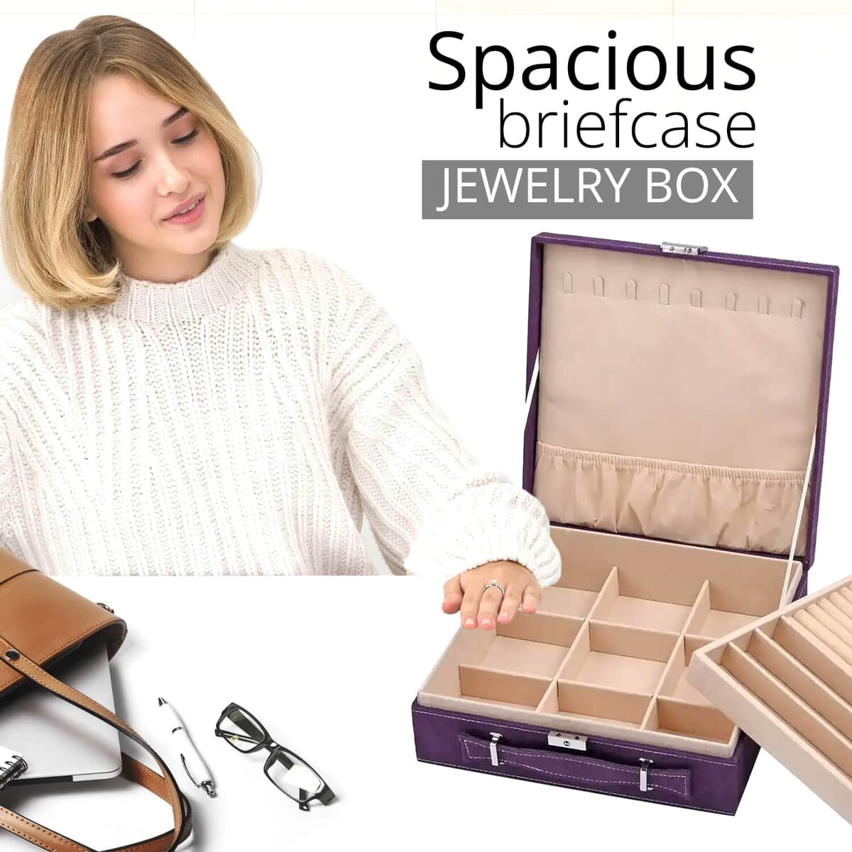 Set of 2 Purple and Gray Faux Velvet Briefcase Style 2-Tier Jewelry Box with Anti-Tarnish and Scratch Protection Interior (Approx 60 Rings, etc) image number 2