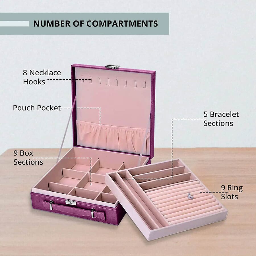 Set of 2 Purple and Gray Faux Velvet Briefcase Style 2-Tier Jewelry Box with Anti-Tarnish and Scratch Protection Interior (Approx 60 Rings, etc)