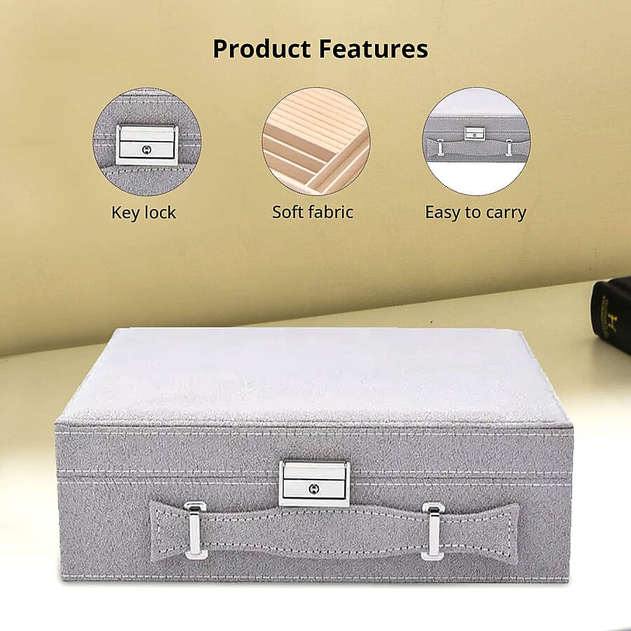 Set of 2 Purple and Gray Faux Velvet Briefcase Style 2-Tier Jewelry Box with Anti-Tarnish and Scratch Protection Interior (Approx 60 Rings, etc)