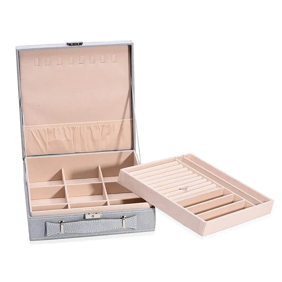 Set of 2 Purple and Gray Faux Velvet Briefcase Style 2-Tier Jewelry Box with Anti-Tarnish and Scratch Protection Interior (Approx 60 Rings, etc)