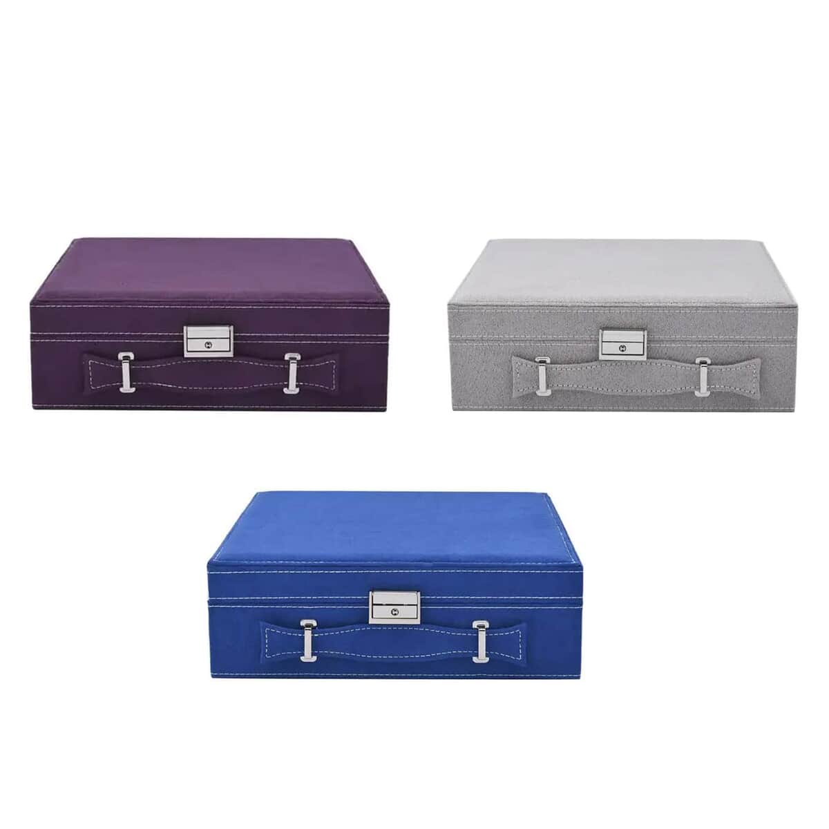 Set of 3 Purple, Gray and Royal Blue Faux Velvet Briefcase Style 2-Tier Jewelry Box with Anti-Tarnish and Scratch Protection Interior (Approx 60 Rings, etc) image number 0