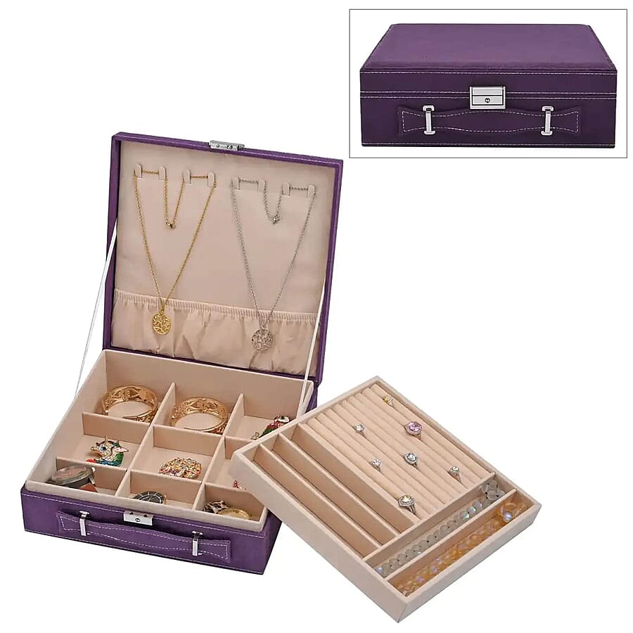 Set of 3 Purple, Gray and Royal Blue Faux Velvet Briefcase Style 2-Tier Jewelry Box with Anti-Tarnish and Scratch Protection Interior (Approx 60 Rings, etc)