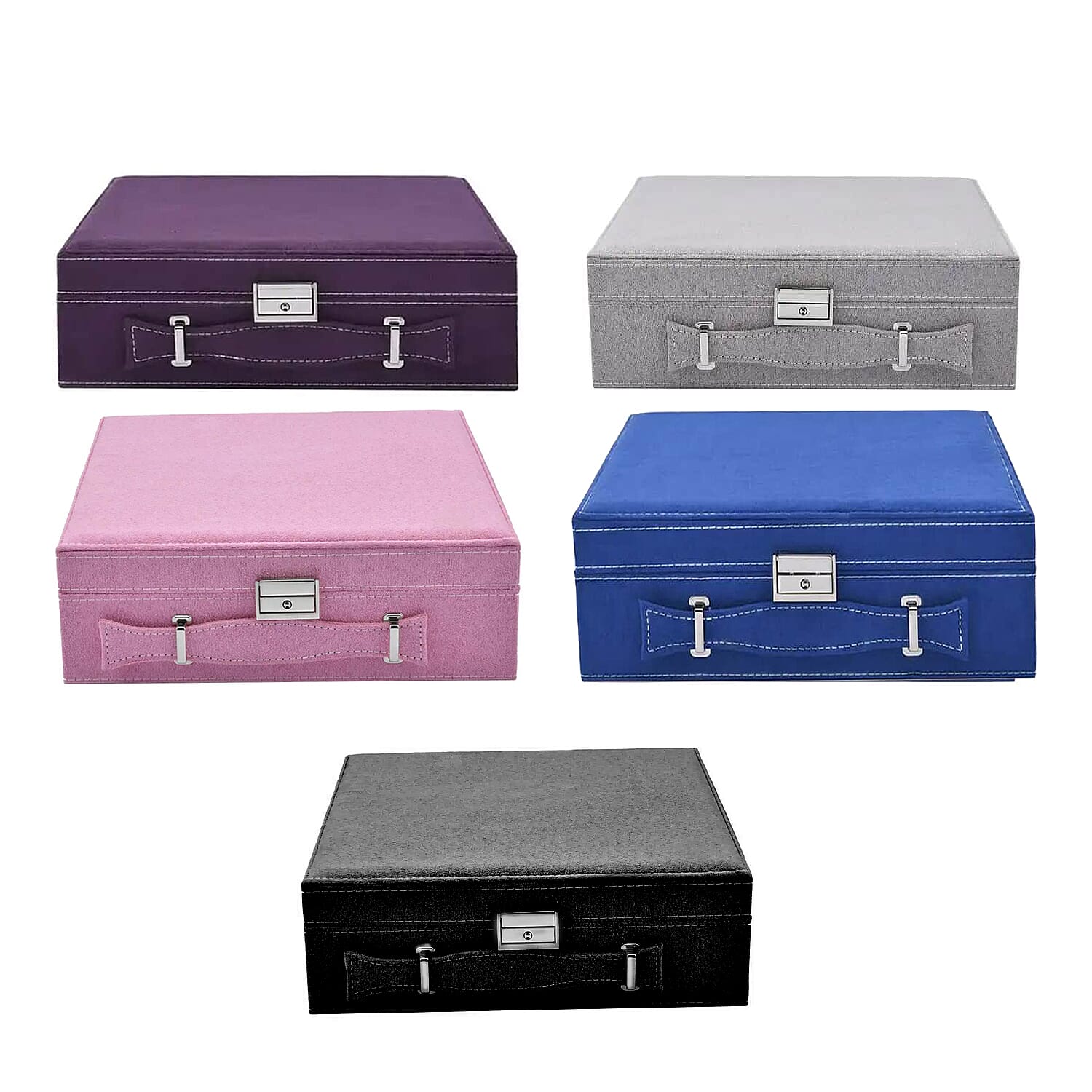 Set of 5 Multi Color Faux Velvet Briefcase Style 2-Tier Jewelry Box with Anti-Tarnish and Scratch Protection Interior (Approx 60 Rings, etc)