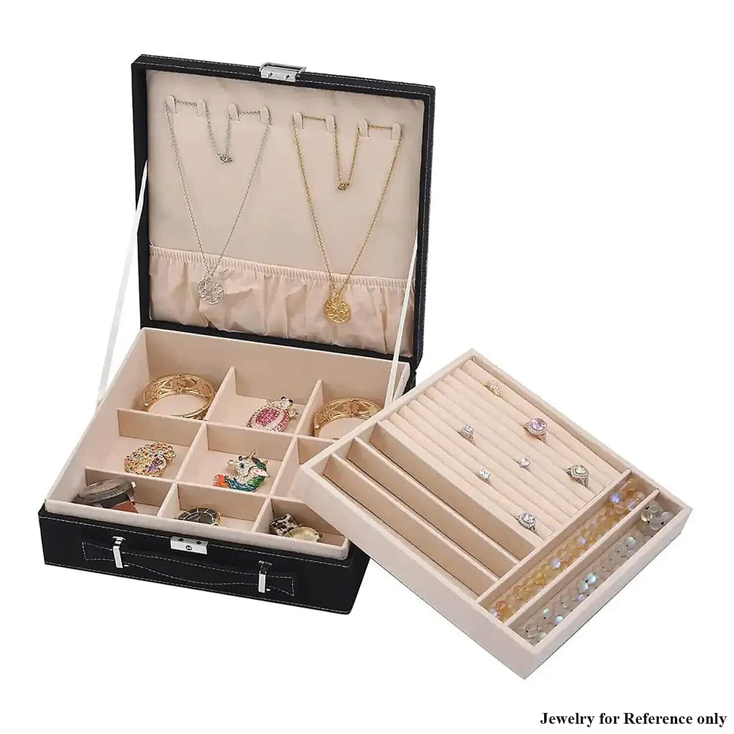 Set of 5 Multi Color Faux Velvet Briefcase Style 2-Tier Jewelry Box with Anti-Tarnish and Scratch Protection Interior (Approx 60 Rings, etc)