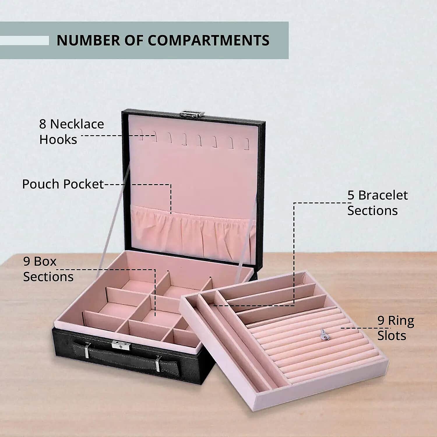 Set of 5 Multi Color Faux Velvet Briefcase Style 2-Tier Jewelry Box with Anti-Tarnish and Scratch Protection Interior (Approx 60 Rings, etc)