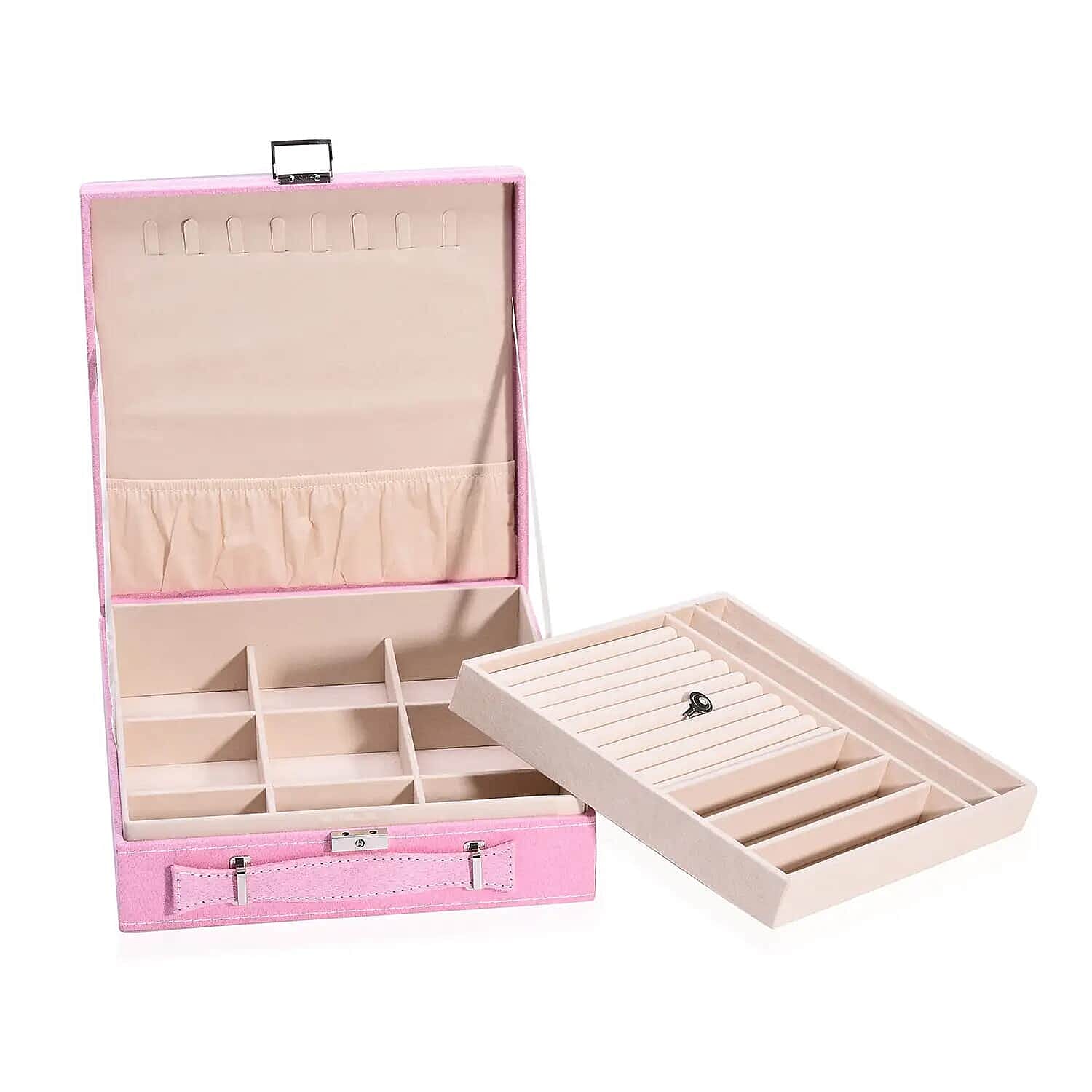 Set of 5 Multi Color Faux Velvet Briefcase Style 2-Tier Jewelry Box with Anti-Tarnish and Scratch Protection Interior (Approx 60 Rings, etc)