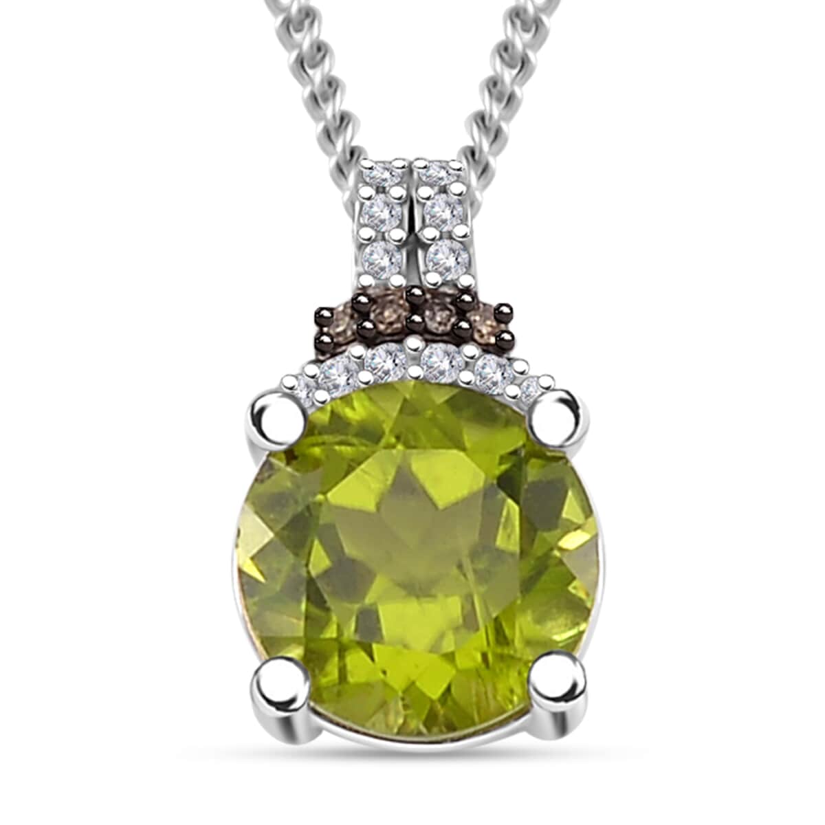 Hebei Peridot, Natural Champagne and White Diamond 3.10 ctw Elegant Pendant Necklace in Platinum and Rhodium Over Sterling Silver 18 Inches image number 0