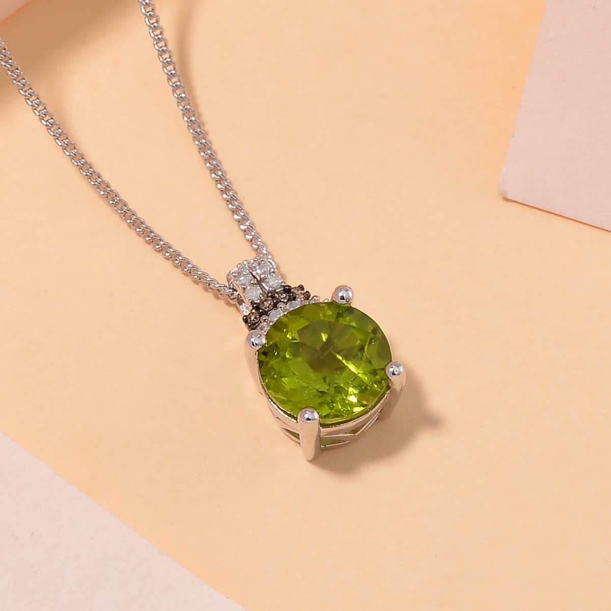 Hebei Peridot, Natural Champagne and White Diamond 3.10 ctw Elegant Pendant Necklace in Platinum and Rhodium Over Sterling Silver 18 Inches image number 1