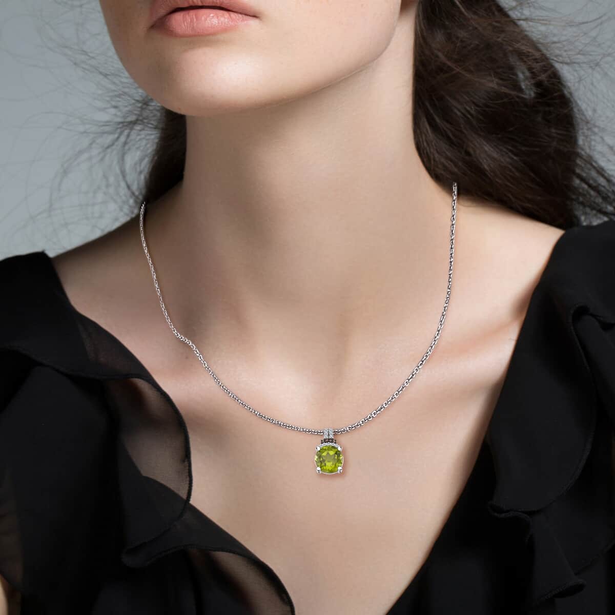 Hebei Peridot, Natural Champagne and White Diamond 3.10 ctw Elegant Pendant Necklace in Platinum and Rhodium Over Sterling Silver 18 Inches image number 2