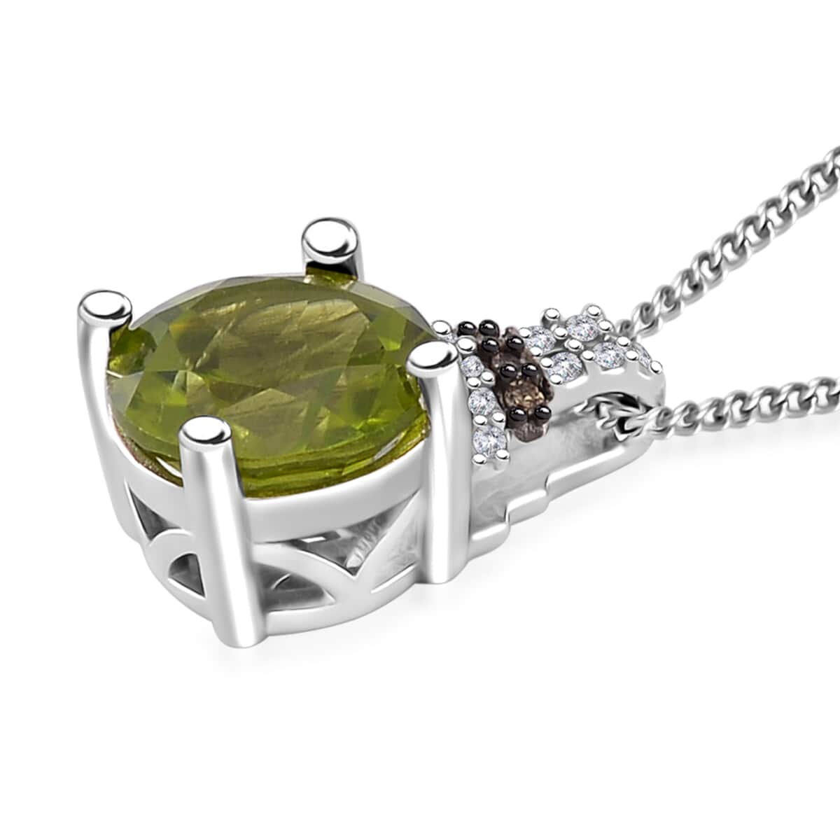 Hebei Peridot, Natural Champagne and White Diamond 3.10 ctw Elegant Pendant Necklace in Platinum and Rhodium Over Sterling Silver 18 Inches image number 3