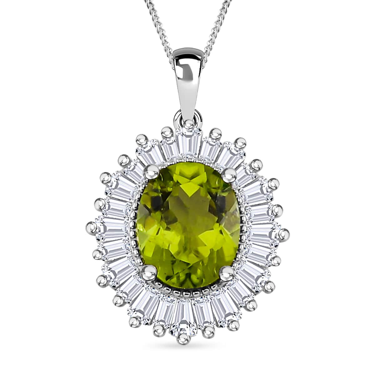 Hebei Peridot and Moissanite 3.70 ctw Victory Tribute Pendant Necklace in Platinum Over and Rhodium Over Sterling Silver 18 Inches image number 0