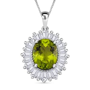 Hebei Peridot and Moissanite 3.70 ctw Victory Tribute Pendant Necklace in Platinum Over and Rhodium Over Sterling Silver 18 Inches