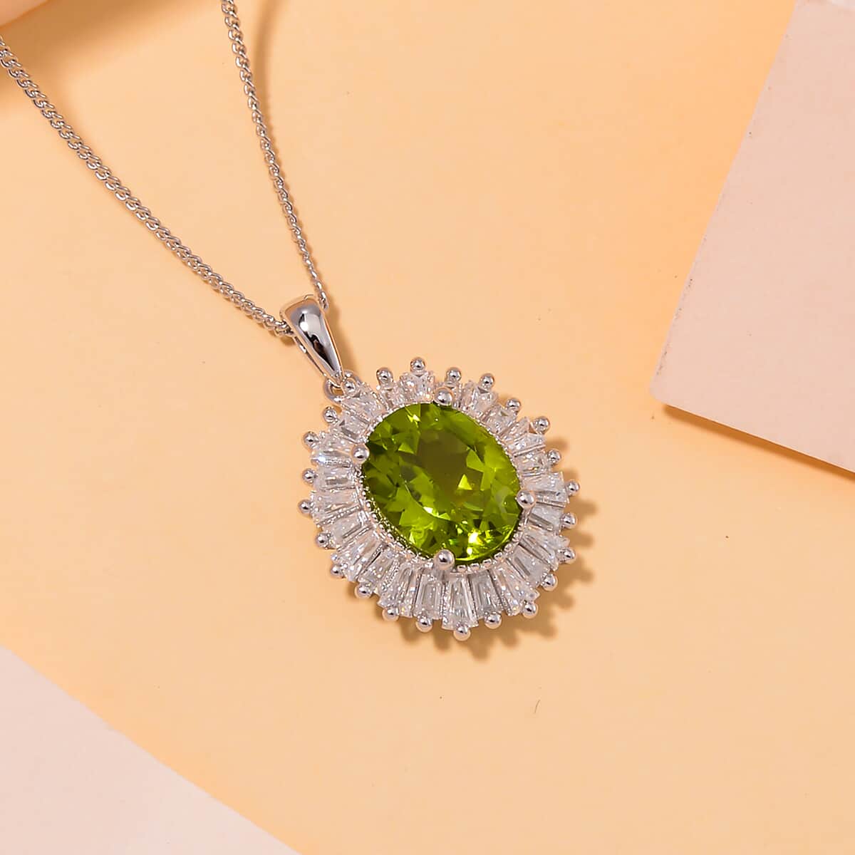 Hebei Peridot and Moissanite 3.70 ctw Victory Tribute Pendant Necklace in Platinum Over and Rhodium Over Sterling Silver 18 Inches image number 1