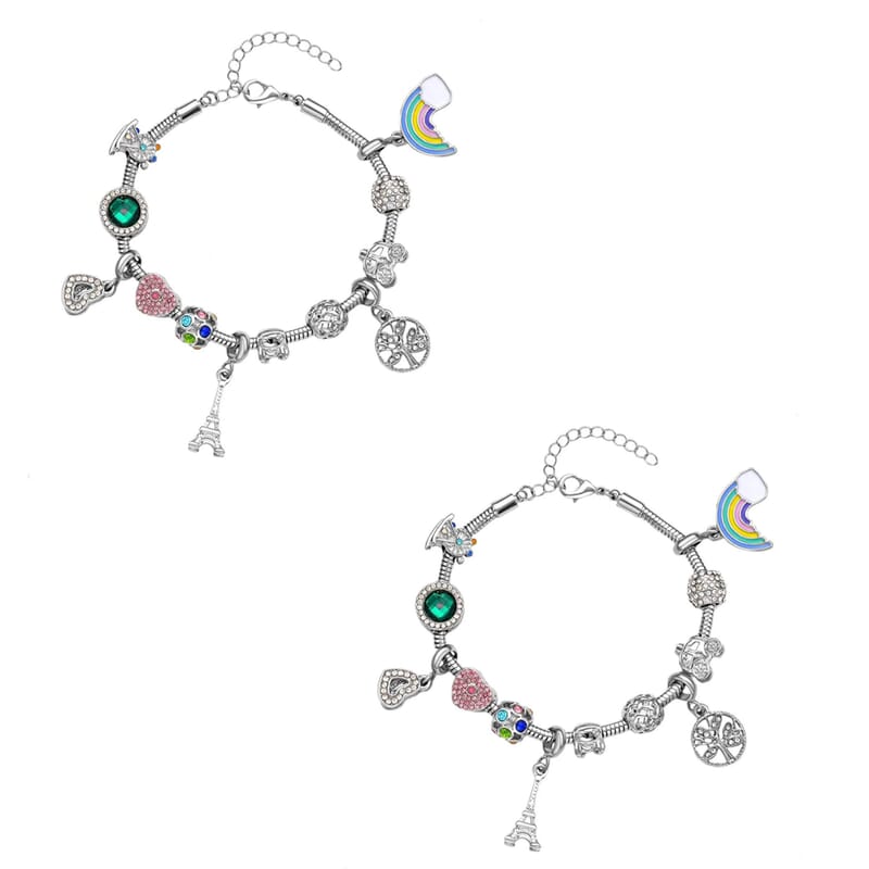 Gift Set of 2 - Snake Chain Bracelet with Interchangeable 12 pcs Charms with Crystal in Silvertone (7.0-9.0In)
