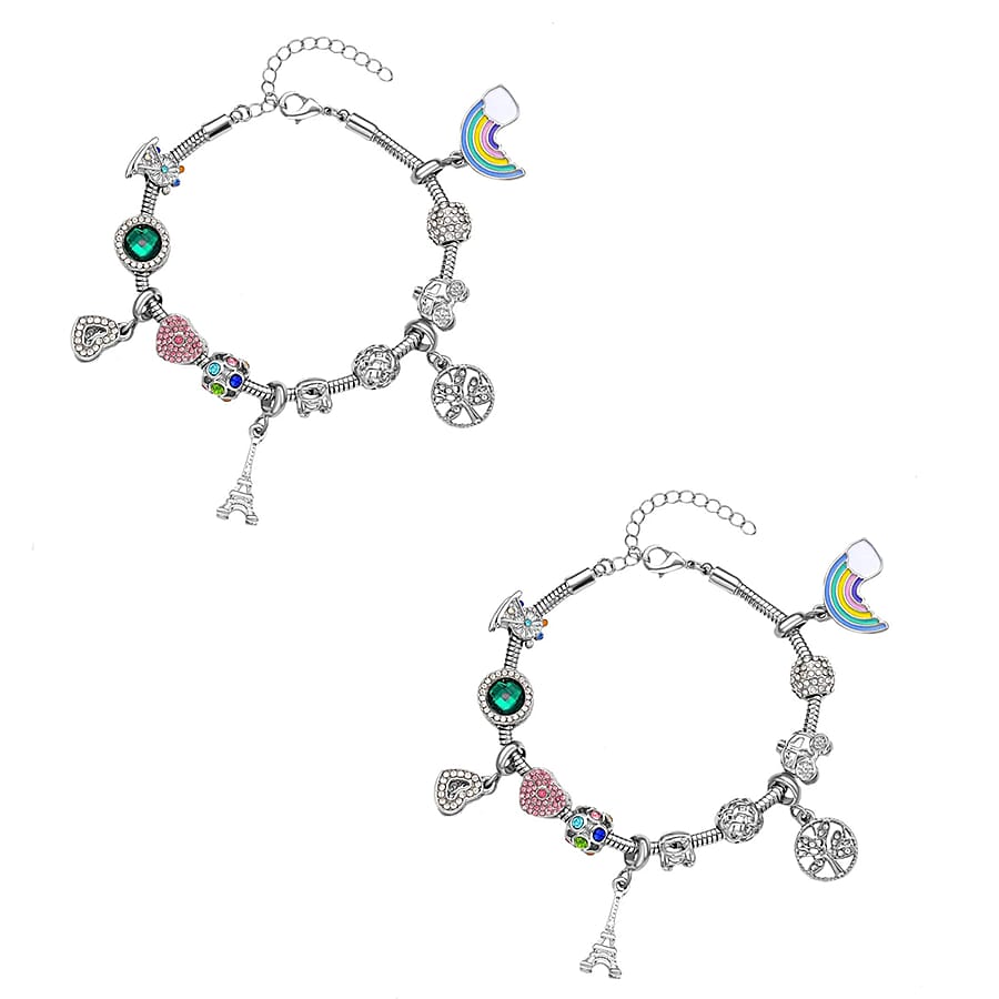 Gift Set of 2 - Snake Chain Bracelet with Interchangeable 12 pcs Charms with Crystal in Silvertone (7.0-9.0In)