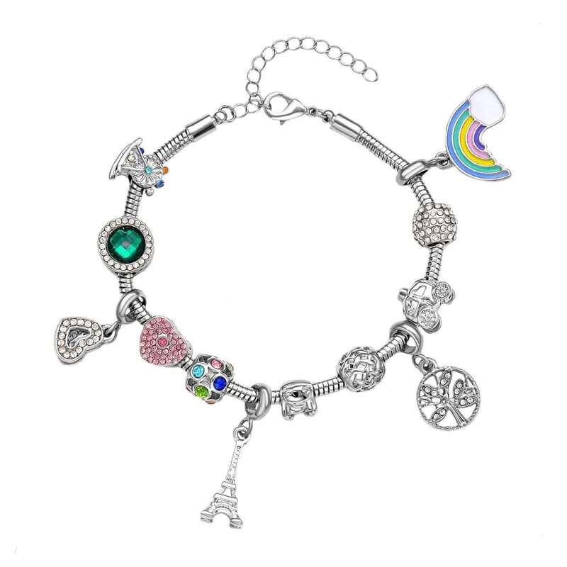 Gift Set of 2 - Snake Chain Bracelet with Interchangeable 12 pcs Charms with Crystal in Silvertone (7.0-9.0In)